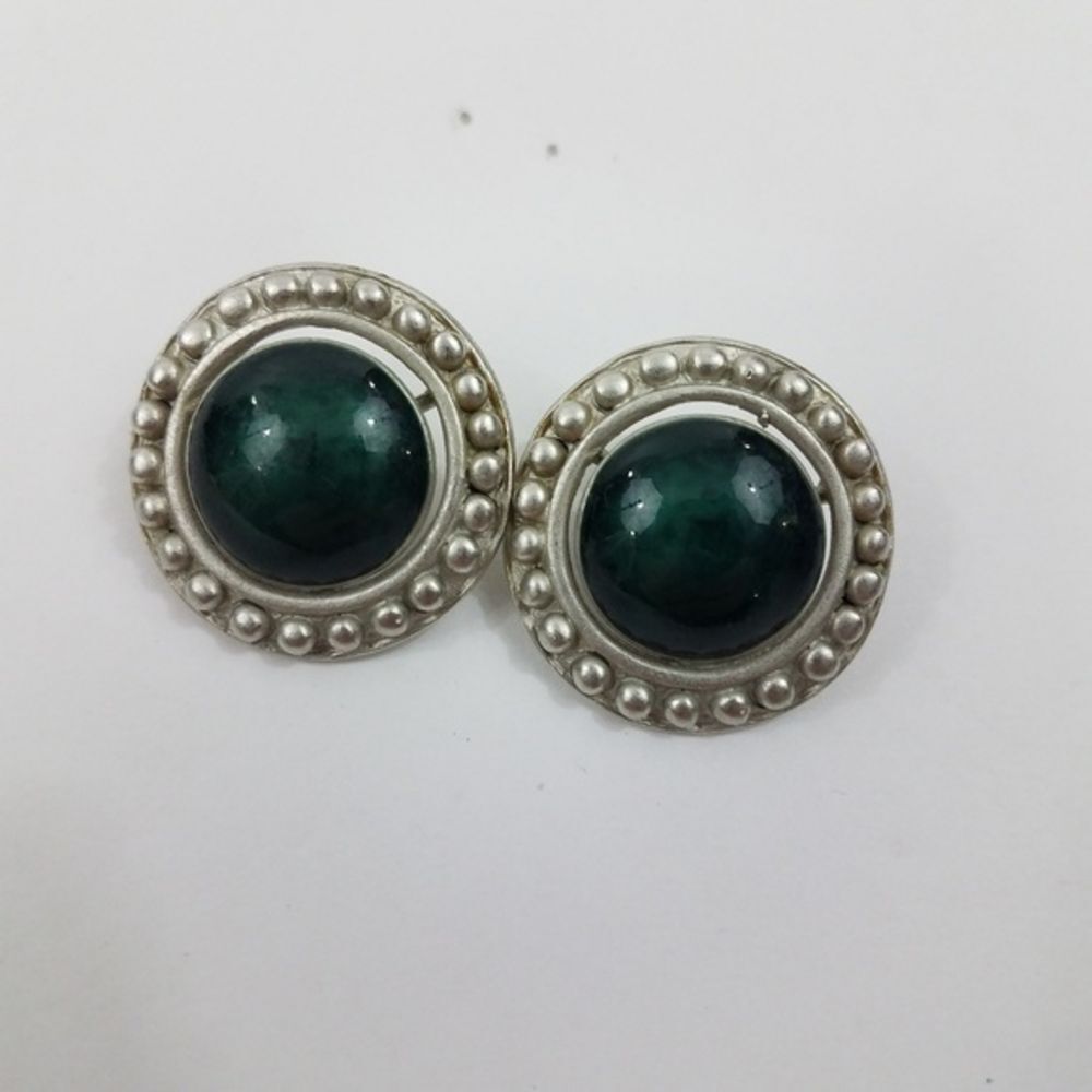 Green Silver Tone Earrings Stud Circle‎ Stateme